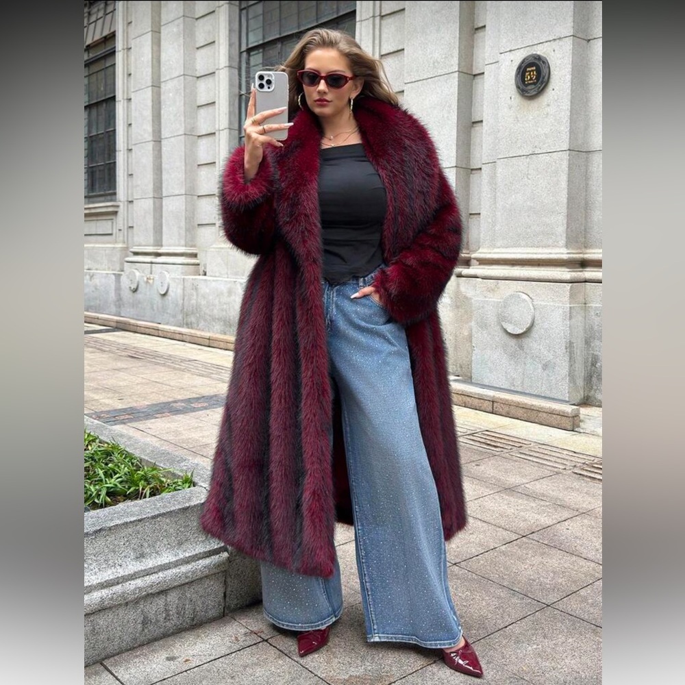 PLUS SIZE • Luxury Faux Fur Coat Long Jacket Vintage Style Burgundy Red Maroon